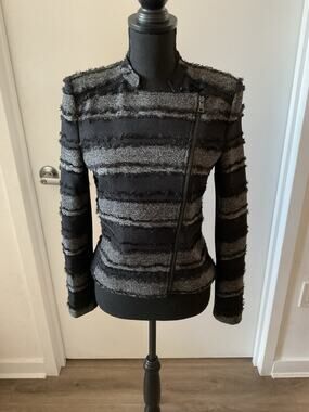 BCBGMAXAZRIA Jaison Striped Fringe Tweed Moto Jacket Metallic Black Silver NWT